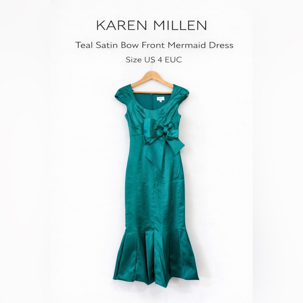 Karen Millen Teal Satin Bow Front Mermaid Dress Size US 4